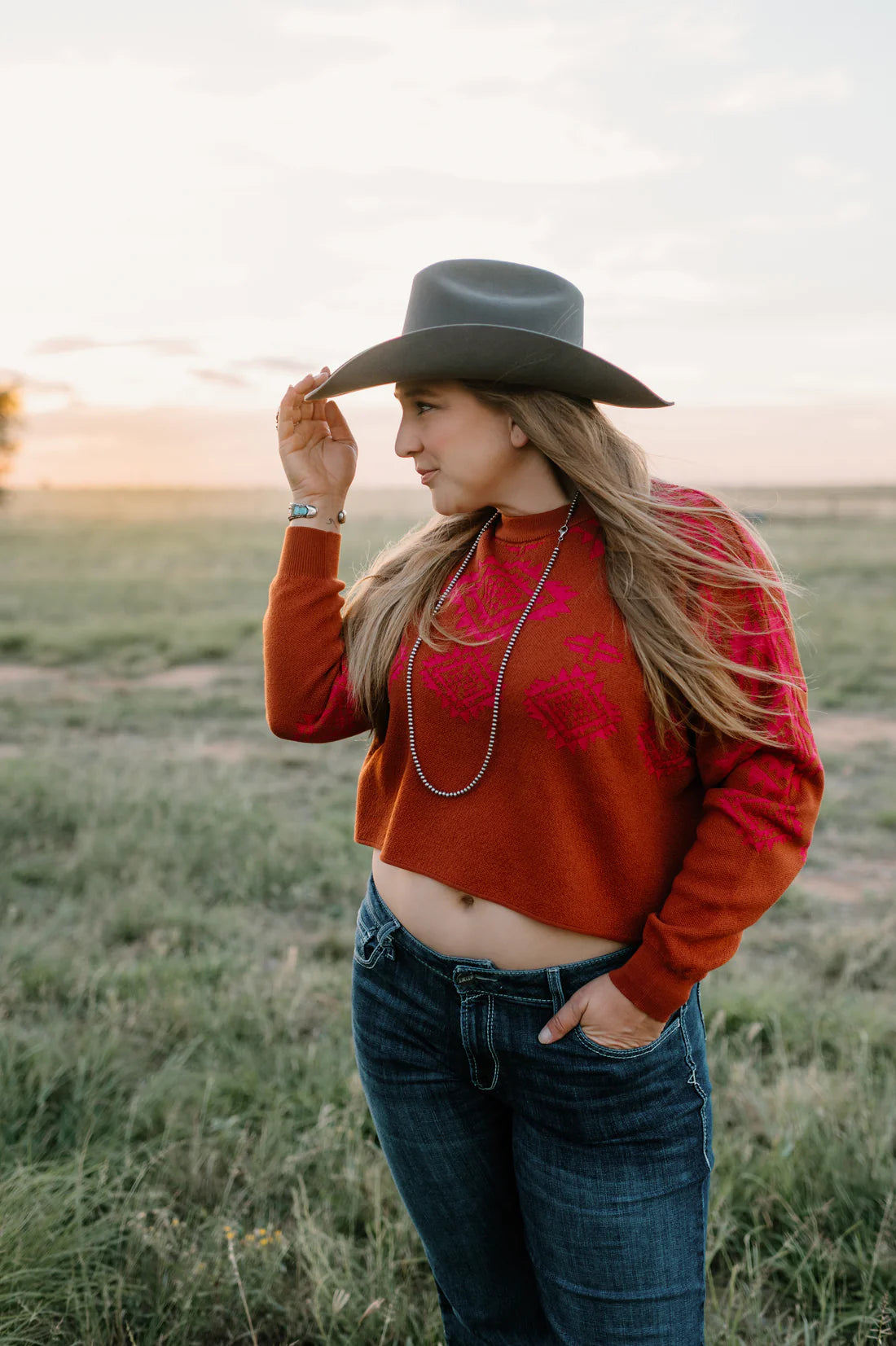 NOT MY FIRST RODEO Western Aztec Crop Knit Top