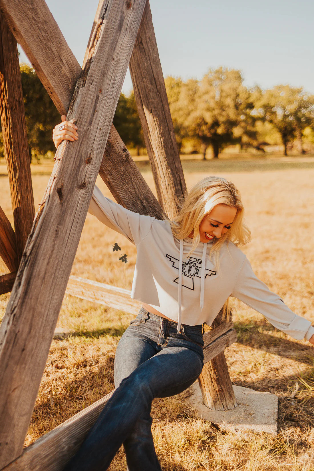 THE THUNDERBYRD Light Grey Western Crop Hoodie