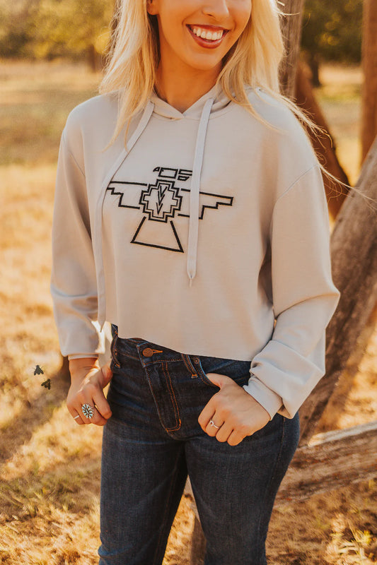 THE THUNDERBYRD Light Grey Western Crop Hoodie