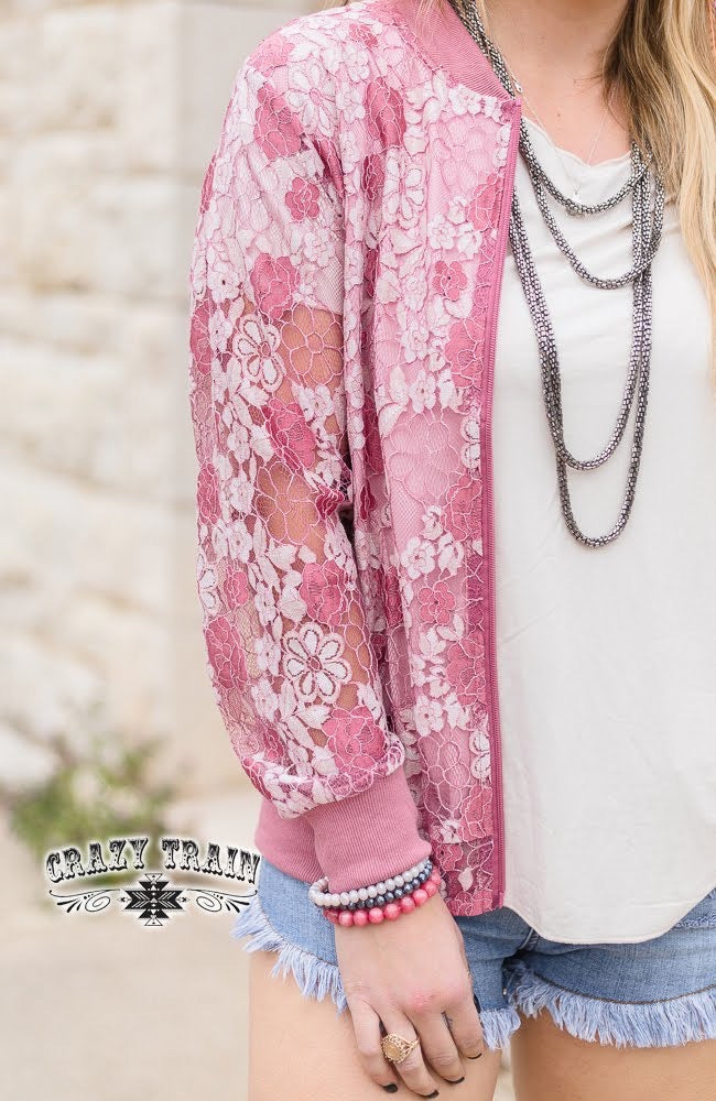 Small, Medium & Large Mauve Pink Lace Floral Barcelona Bomber