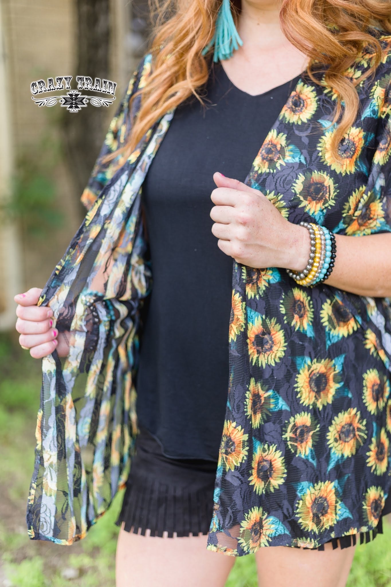 One Size Sunny & Cher Lace Sunflower & Stripes Kimono