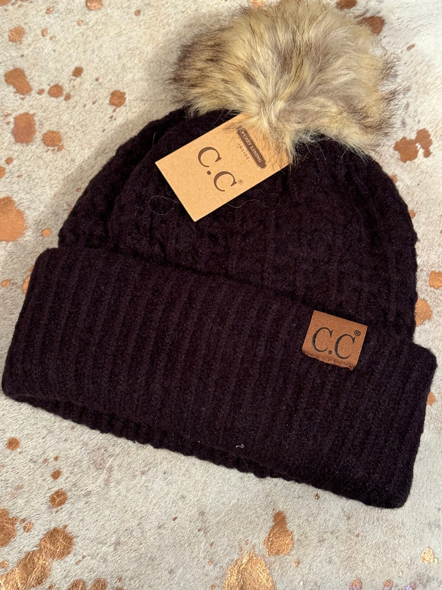 CC Custom Beanie- Solid Smocked Stitch Fur Pom