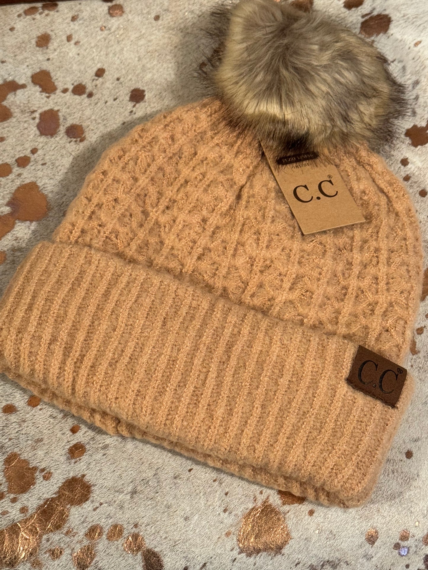 CC Custom Beanie- Solid Smocked Stitch Fur Pom