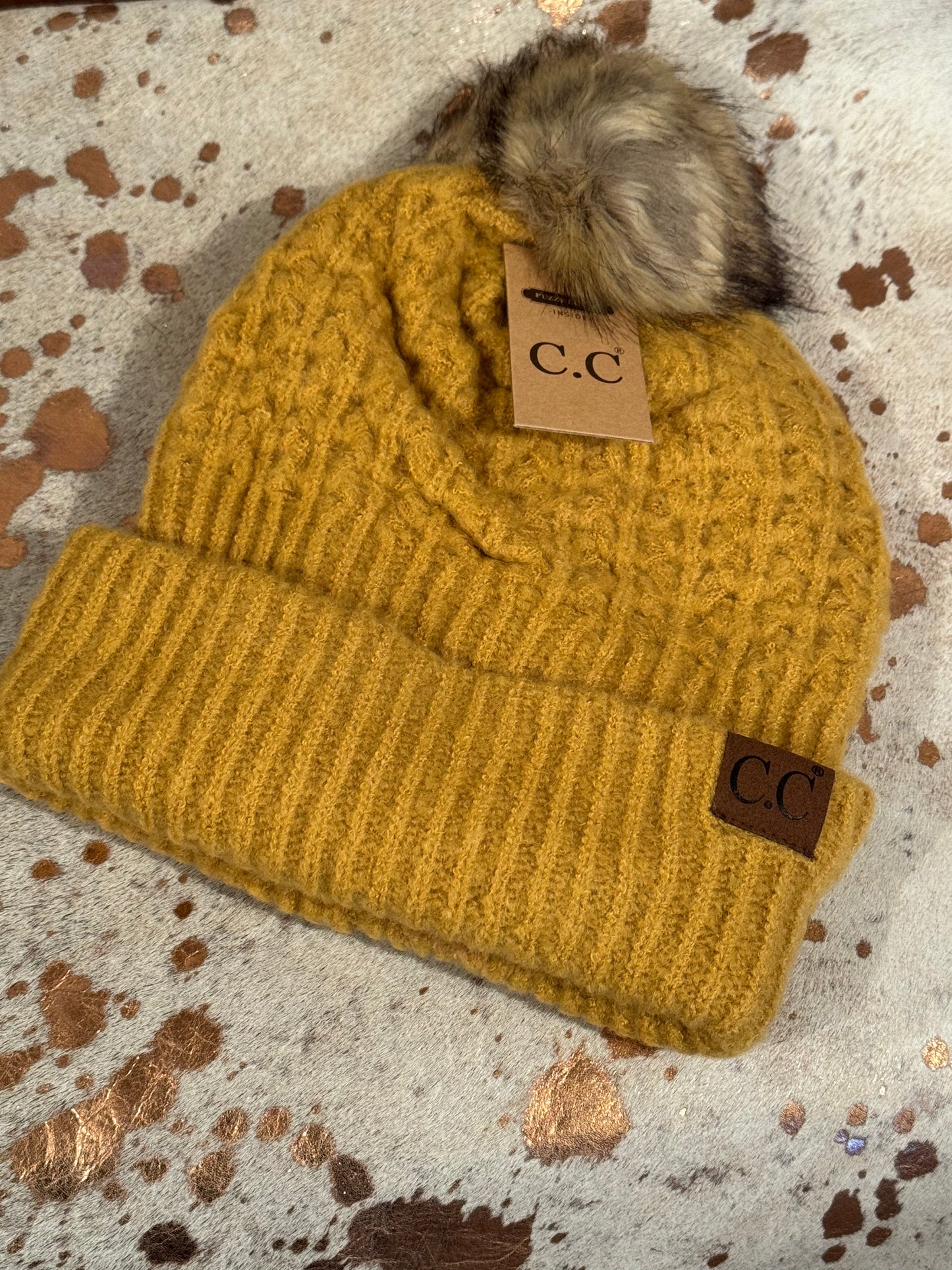 CC Custom Beanie- Solid Smocked Stitch Fur Pom