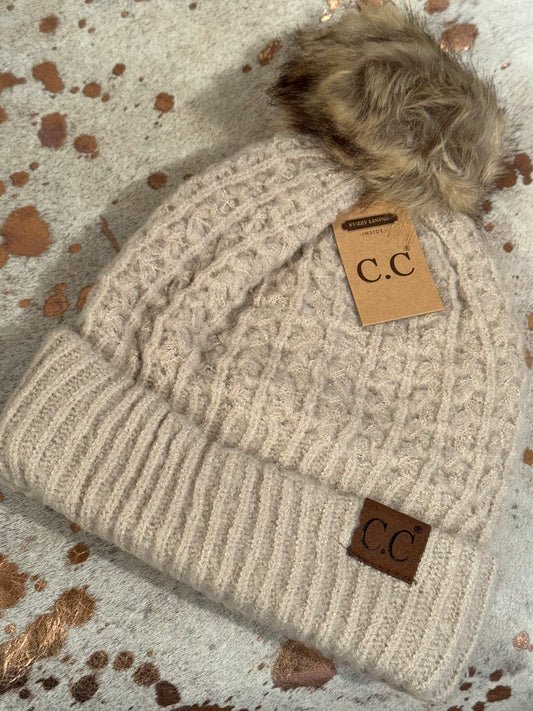 CC Custom Beanie- Solid Smocked Stitch Fur Pom