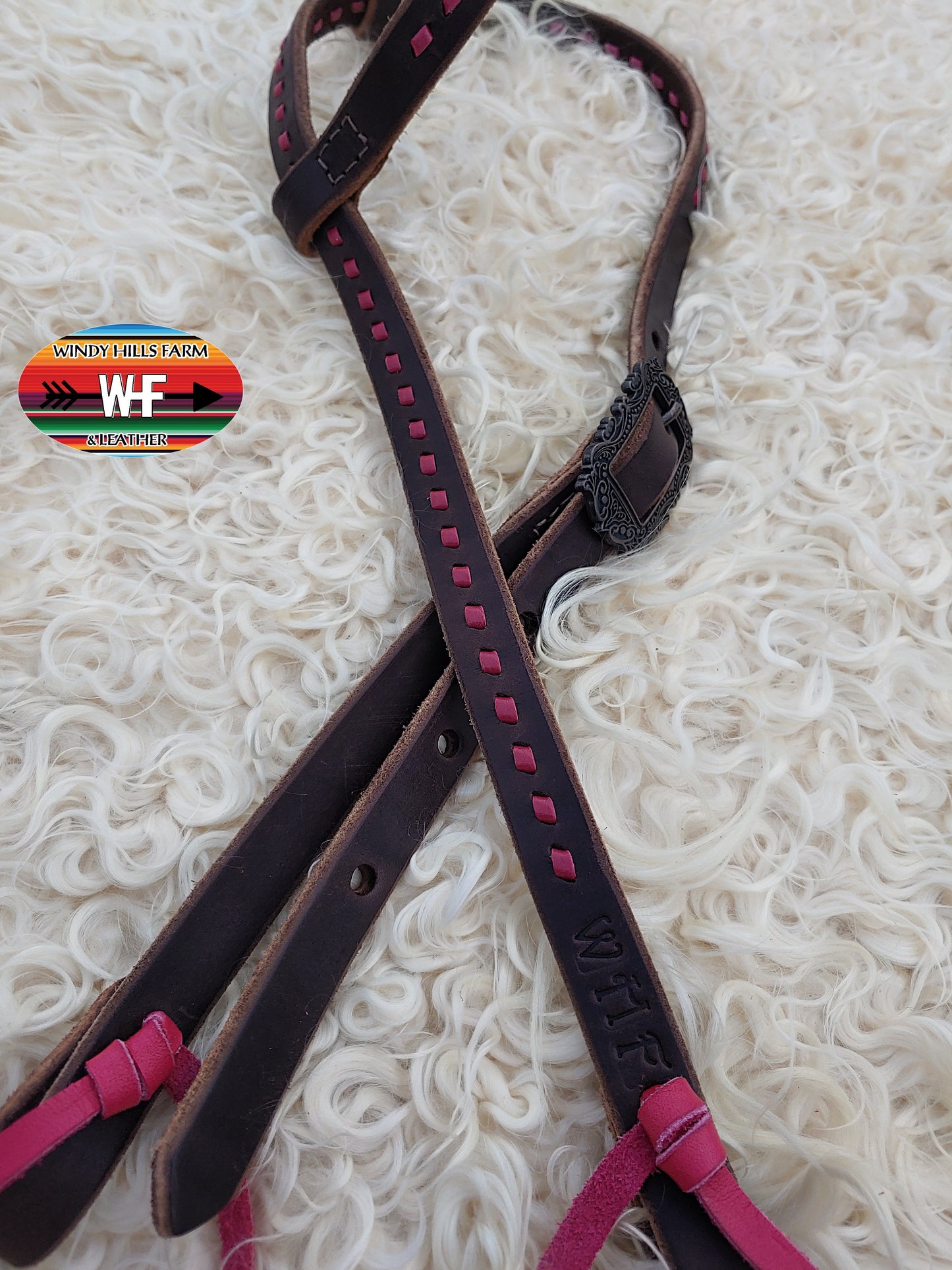 Single ear headstall, pink buckstitch
